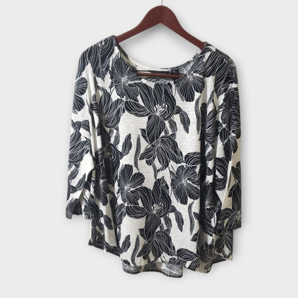 Tahari Women 2X Linen Floral Top Black White 3/4 Sleeve Scoop Neck Blouse